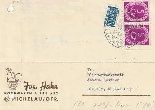 BUND - 1953, Michel 125, 5 Pf. Posthorn, waag. Paar auf Postkarte, Fa. Hahn - Michelau, gelocht