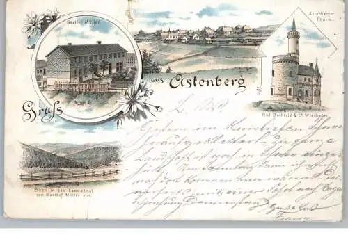 5788 WINTERBERG - ASTENBERG, Lithographie 1897, Gasthof Müller, Lennetal, Astenberger Turm, Dorf, Einriss