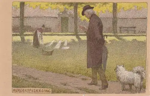 [Ansichtskarte] KÜNSTLER / ARTIST - PAUL HEY, Lithographie "Morgenspaziergang", rücks. Klebereste. 