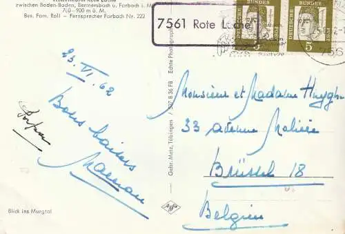 [Ansichtskarte] 7564 FORBACH, Höhenhotel Rote Lache, Landpoststempel "7561 Rote Lache", 1962, AK nach Belgien. 