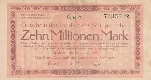 [Ansichtskarte] 5090 LEVERKUSEN - OPLADEN, Notgeld, 10 Millionen 1923, Erhaltung III. 