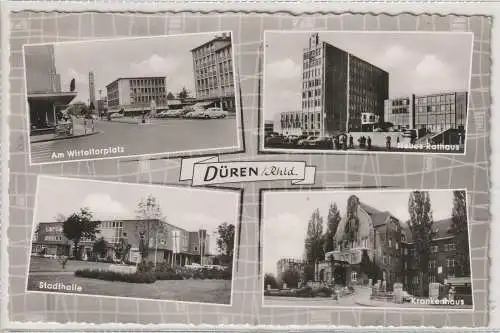 [Ansichtskarte] 5160 DÜREN, Krankenhaus, Stadthalle, Rathaus, Wirteltorplatz, 1961. 