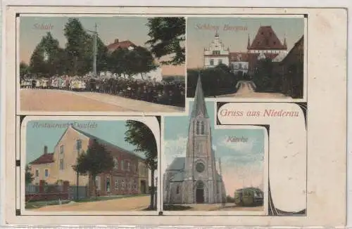 [Ansichtskarte] 5160 DÜREN - NIEDERAU, Restaurant Daniels, Kirche, Schloß Burgau, Schule (viele Kinder), 1915. 