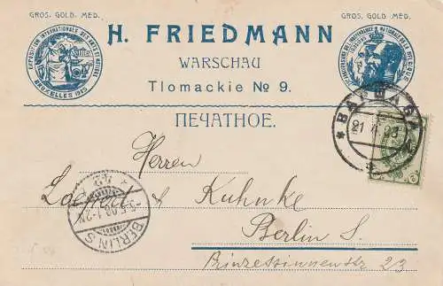 [Ansichtskarte] JUDAICA - FRIEDMANN / WARSCHAU, Goldmünzen Graveur / Produzent, Umzugsmeldung 1905. 