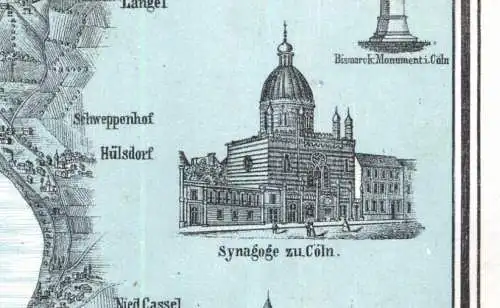 [Ansichtskarte] 5000 KÖLN, SYNAGOGE in der Glockengasse, Abbildung aus einem Rheinlaufpanorama, ca. 1880, Ansicht von Mainz bis Köln auf 16 Seiten mit Erläuterungen in Deutsch, Französisch und Englisch, Herausgeber Frey & Co. Frankfurt. 