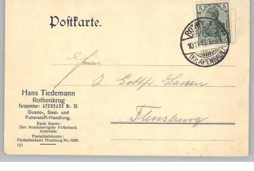 [Ansichtskarte] NORDSCHLESWIG - APENRADE - ROTHENKRUG / AABENRAA - RODEKRO, Guano-, Saat- und Futterstoff-Handlung Tiedemann, 1913, Postkarte nach Hamburg. 