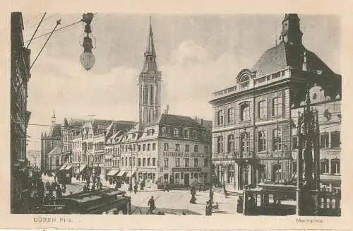 [Ansichtskarte] 5160 Düren, Marktplatz, Restaurant zum Ratskeller, Strassenbahnen. 