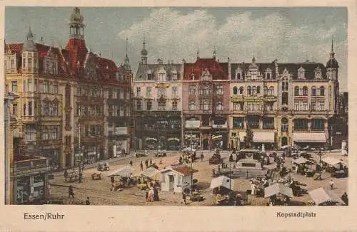 [Ansichtskarte] 4300 ESSEN, Kopstadtplatz, reges Markttreiben, 1924, franz. Militärpost. 