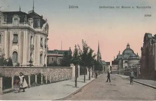 [Ansichtskarte] 5160 DÜREN, Goethestrasse mit Museum und Marienkirche, Kind mit Puppenwagen, coloriert, 1914. 