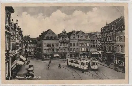 [Ansichtskarte] 5160 DÜREN, Marktplatz, Strassenbahnen, NS - Beflaggung, 1943. 