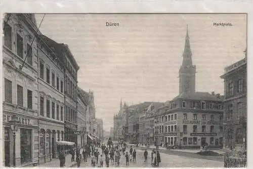 [Ansichtskarte] 5160 DÜREN, Marktplatz, Restaurant Ratskeller, belebte Szene, 1909. 