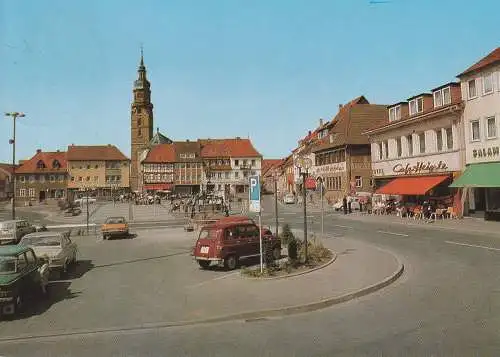 [Ansichtskarte] 8742 BAD KÖNIGSHOFEN, Marktplatz, Cafe Heintz, RENAULT 4, NSU PRINZ, OPEL ASCONA, VW VARIANT.... 