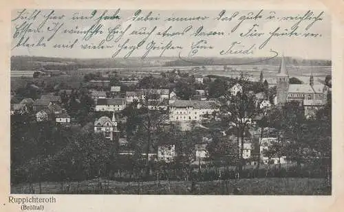 [Ansichtskarte] 5207 RUPPICHTEROTH, Blick auf Kirche und Umgebung 1918, Bahnpost Bröltalbahn (Schmalspurbahn) Hennef - Waldbröl. 