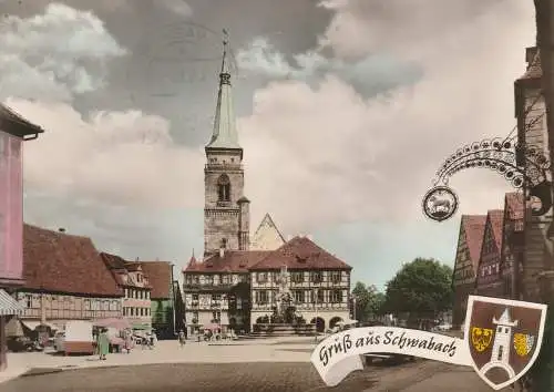 [Ansichtskarte] 8540 SCHWABACH, Gruss aus..., Markttag, Stadtwappen, 50er Jahre. 