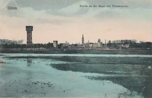 [Ansichtskarte] 5160, Partie an der Rur, Wasserturm, coloriert, 1906, Verlag Arnold, Eckdruckstelle. 