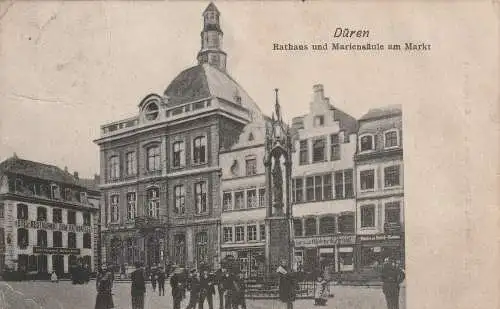 [Ansichtskarte] 5160 DÜREN, Rathaus und Mariensäule am Markt, belebt, 1910, die Karte hat einen langen Weg genommen, Verlag Kutsch. 