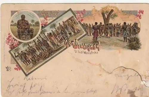 [Ansichtskarte] DEUTSCHE KOLONIEN - Deutsch Südwest Afrika, Lithographie 1898, 3 Ansichten Hereros, Gruß aus Windhoek nach Keetmanshoop,mit Nachgebühr weitergeleitet nach Cape Town, deutlicher Einriss. 