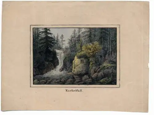 [Ansichtskarte] NIEDER - SCHLESIEN - SCHREIBERHAU - PETERSDORF / SZKLARSKA POREBA - PIECHOWICE, "KOCHELFALL, kolorierter Kupferstich, 19,3 x 14,5 cm, ca. 1850, kl. Randeinriss. 