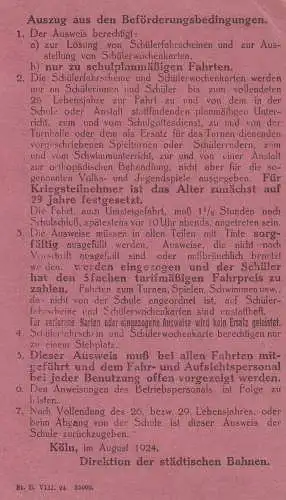 [Ansichtskarte] 5000 KÖLN,  Bahnen der Stadt Köln, Schülerausweis 1924, Privatschule der Haustöchter. 