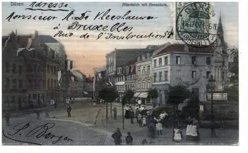 [Ansichtskarte] 5160 DÜREN, Altenteich mit Annasäule, reichlich Kaiserfahnen, 1906, belebte Szene, coloriert. 