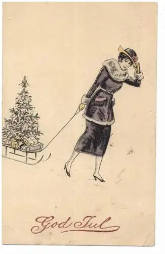 [Ansichtskarte] WEIHNACHTEN / GOD JUL, elegante Dame mit Geschenken und Tannenbaum auf dem Schlitten. 