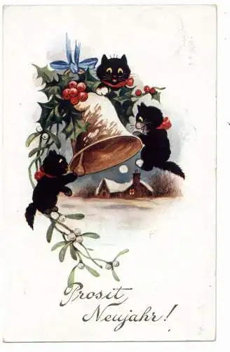 [Ansichtskarte] KATZEN / CATS / CHATS - spielende schwarze Katzen mit Weihnachtsglocke, Neujahrskarte, 1931. 