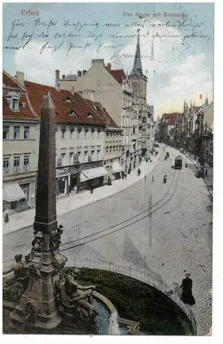 [Ansichtskarte] 0-5000 ERFURT, Anger mit Brunnen, Strassenbahn, 1912. 