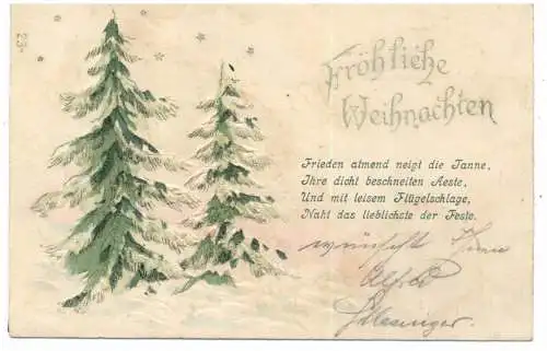 [Ansichtskarte] WEIHNACHTEN / CHRITMAS / JOEL - verschneite Tannenbäume, Präge-Karte / embossed / relief, von Preussisch Oderberg nach Ratibor, 1900. 