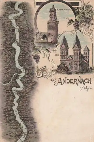 [Ansichtskarte] 5470 ANDERNACH, Lithographie, Runder Turm und Dom am Rheinlauf. 