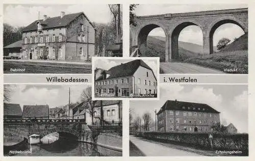 [Ansichtskarte] 3533 WILLEBADESSEN, Gasthaus Klocke, Bahnhof, Nethebrücke, Viadukt, Erholungsheim. 