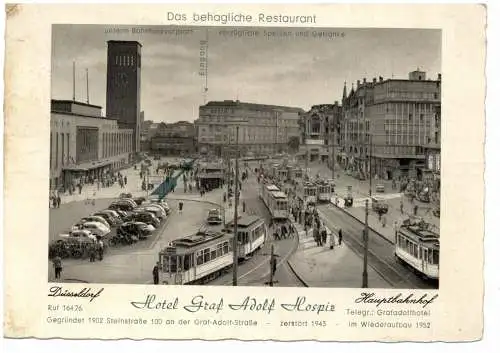 [Ansichtskarte] 4000  DÜSSELDORF, Bahnhofsvorplatz, Strassenbahnen, ldtimer, Hotel Graf Adolf Hospiz, 1955, kl. Eckmangel. 