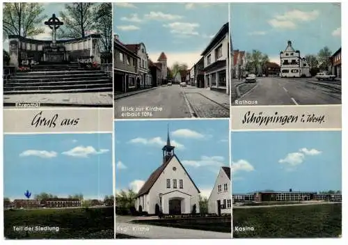 [Ansichtskarte] 4437 SCHÖPPINGEN, Kirchen, Ehrenmal, Rathaus, Kasino, Siedlung..., 1965. 