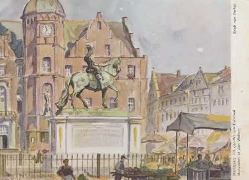 [Ansichtskarte] 4000 DÜSSELDORF, Marktplatz mit Jan Wellem Denkmal, Künstler-Karte Erich von Perfall, 1931. 