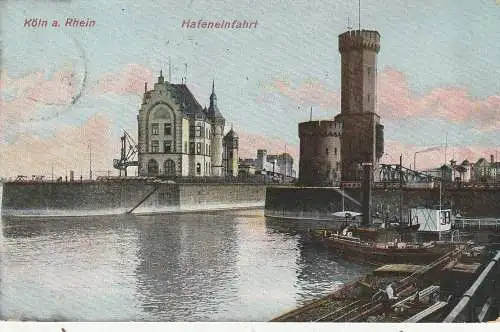 [Ansichtskarte] 5000 KÖLN, Hafeneinfahrt, Frachtschiffe, Malakoffturm, 1907. 