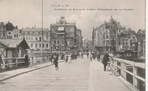 [Ansichtskarte] 5000 KÖLN, Blick von der Schiffbrücke in die Friedrich Wilhelmstrasse auf den Heumarkt, Cafe Rheinberg, sehr belebte Szene, 1907 Trenkler. 