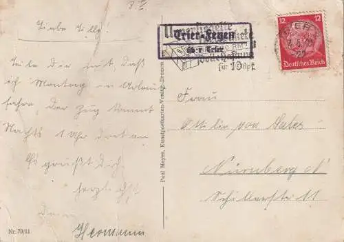 [Ansichtskarte] 5500 TRIER - FEYEN, Postgeschichte, Landpoststempel "Trier-Feyen über Trier" 1940. 