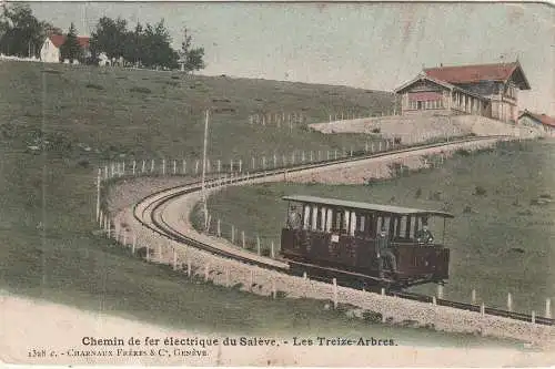 [Ansichtskarte] EISENBAHN / RAILWAY - Zahnradbahn Saleve - Lez Treize - Arbres, Endstation, coloriert, 1906. 