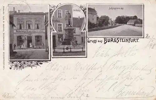 [Ansichtskarte] 4430 STEINFURT - BURGSTEINFURT, Restauration Zur Krone v. Georg Luether, Denkmal, Schloßbrücke, 1898, leichte Druckstellen. 