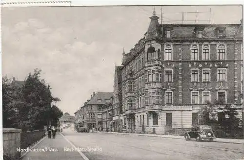 [Ansichtskarte] 0-5500 NORDHAUSEN, Karl Marx Strasse, Strassenbahn, Oldtimer, 1958, kl. Druckstelle. 