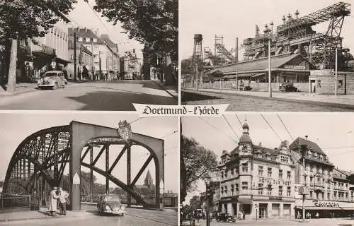 [Ansichtskarte] 4600 DORTMUND - HÖRDE, Hotel Zur Post, Hüttenwerk, Hauptstrasse, Brücke, VW - Käfer, 1958. 