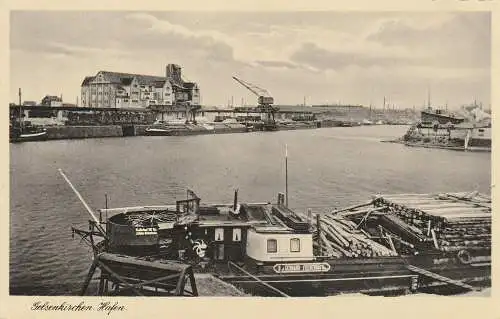 [Ansichtskarte] 4650 GELSENKIRCHEN, Hafen, Frachtschiff v Gerhard Fechenbach, Holztransport wahrscheinlich für den Bergbau, 1937. 