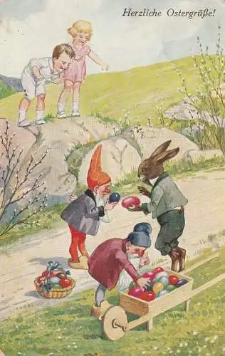 [Ansichtskarte] OSTERN - Zwerge, Hasen und Kinder, kl. Eckmangel. 