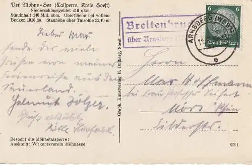 [Ansichtskarte] 5760 ARNSBERG - BREITENBRUCH, Postgeschichte, Landpoststempel  1936. 