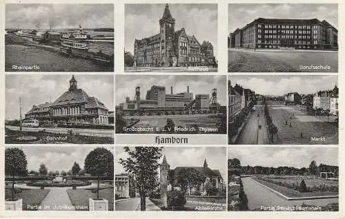 [Ansichtskarte] 4100 DUISBURG - HAMBORN, Großschacht Friedrich Thyssen, Bahnhof, Markt, Berufsschule, Abteikirche...1952. 