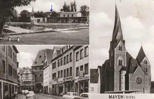 [Ansichtskarte] 5440 MAYEN, Freibad, Kirche, Strassenpartie, 1959. 