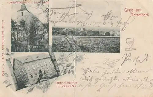 [Ansichtskarte] 6540 SIMMERN - MÖRSCHBACH, Gastwirtschaft Schorsch, Kirch, Gesamtansicht, 1901, Mittelknick. 