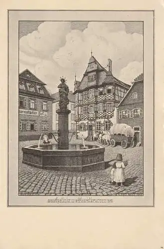 [Ansichtskarte] 6148 HEPPENHEIM, Apotheke und Marktbrunnen, "Darmstädter Hof",  Künstler-Karte Alfred Niess, 1913. 