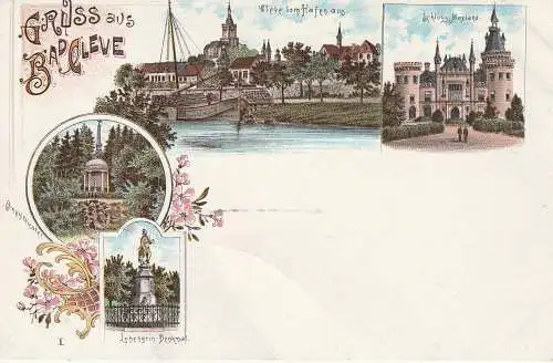 [Ansichtskarte] 4190 KLEVE, Lithographie, Schloß Moyland, Lohengrin - Denkmal, Amphitheater, Blick vom Hafen, kl. Druckstelle. 