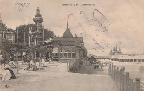 [Ansichtskarte] 0-2255 HERINGSDORF / Usedom, Strandkasino, Familienbad, Werbung BERLINER MORGENPOST, alle Bänke besetzt, 1908, nach Moskau befördert, Verlag Knackstest & Näther. 