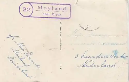 [Ansichtskarte] 4192 KALKAR, Haus Linden, Kalkarer Tor, Kriegerehrenmal, Rathaus, Schloß Moyland...Landpoststempel "22 Moyland über Kalkar", kl. Einriss. 